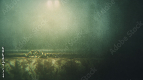 Dark retro haunted aesthetic featuring an eerie vintage Victorian gothic room at night, with soft foggy shadows and texture