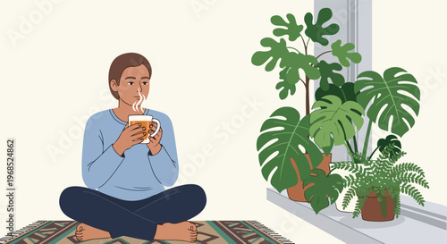 A relaxed person sitting cross-legged on a patterned rug holding a steaming cup