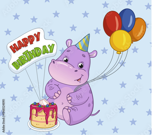 A brown bear wearing a party hat holding a gift