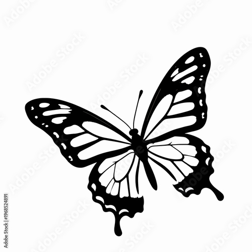 Elegant Black and White Flat Vector Illustration of a Single Swallowtail Butterfly in Flight, Minimalist Monarch Wing Pattern Design, Graceful Nature Icon Isolated on White Background for Concept.