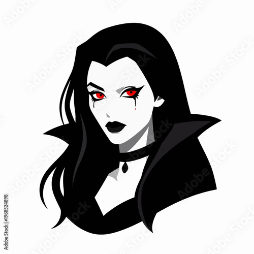 Gothic White woman vampire with long dark hair and red eyes, mysterious female dracula wearing a black choker, supernatural horror concept, isolated on white background, adult woman, night mood