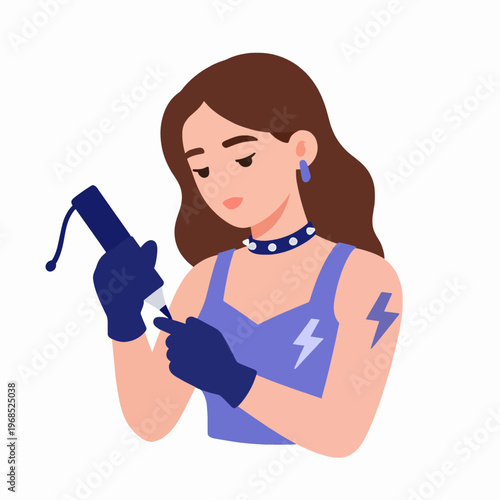 Professional Caucasian female tattoo artist in purple tank top working with tattoo machine, focused woman artist with brown hair and choker in creative studio, adult person tattooing, flat vector art