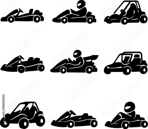 black go kart racing car icons set