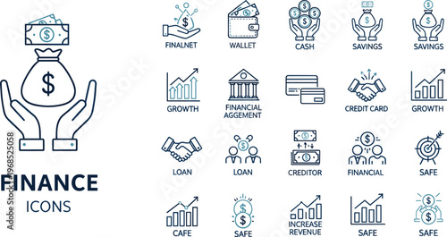 Finance icon set flat outline vector collection for banking investment money management growth strategy and financial business applications