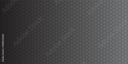 Dark grey abstract wide horizontal banner with hexagon carbon fiber grid and orange luminous lines. Technology vector background with orange neon lines