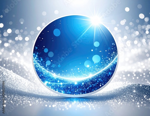 Blue Glass Sphere Reflecting Light on Sparkling Surface.