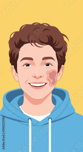 A flat vector illustration of a smiling young man with brown hair and a birthmark