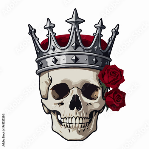Gothic flat vector illustration of a single human skull wearing a regal silver crown with red velvet, macabre king concept, dark royalty aesthetic isolated on white background, memento mori art.