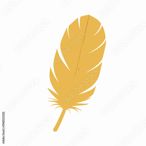 Elegant single golden feather vector illustration, minimalist flat design element for luxury branding, isolated on white background, 3D metallic texture concept art, sophisticated gold quill.