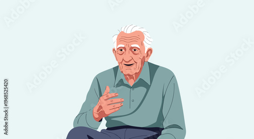 An illustration of a kind elderly man with white hair gesturing while talking