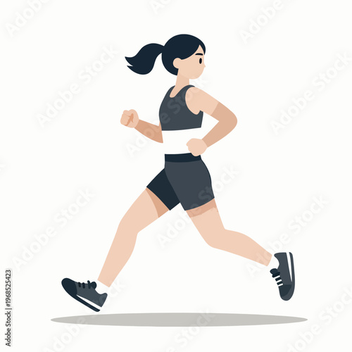 A single Japanese adult woman marathon runner sprinting outdoors in a minimalist flat vector style, capturing a sense of determination and fitness during a morning race, isolated on white.