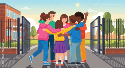 A diverse group of joyful children gather in a friendly hug outside a school