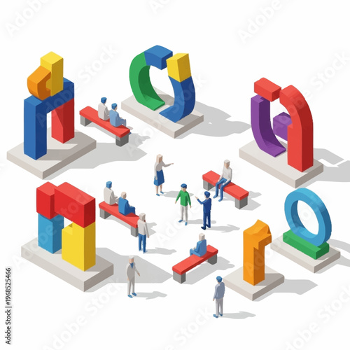 Abstract Geometric Sculptures with Miniature People Interaction.