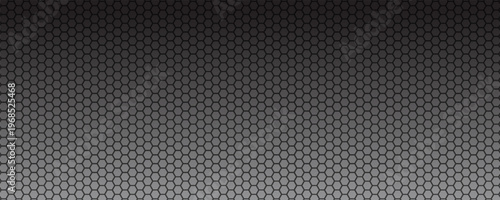 Dark grey abstract wide horizontal banner with hexagon carbon fiber grid and orange luminous lines. Technology vector background with orange neon lines
