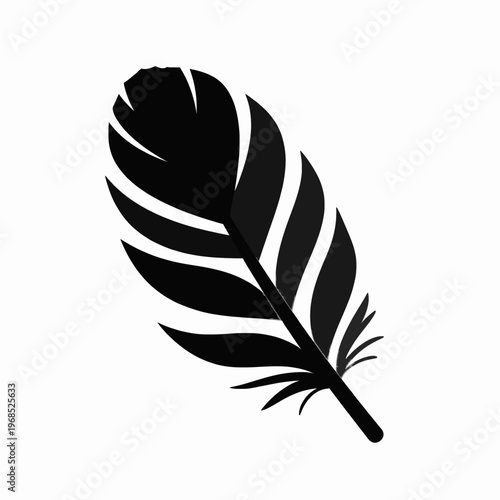 Minimalist black feather icon, flat vector illustration of a single elegant bird quill isolated on white background, symbolic of lightness, writing, and nature, clean graphic design element.