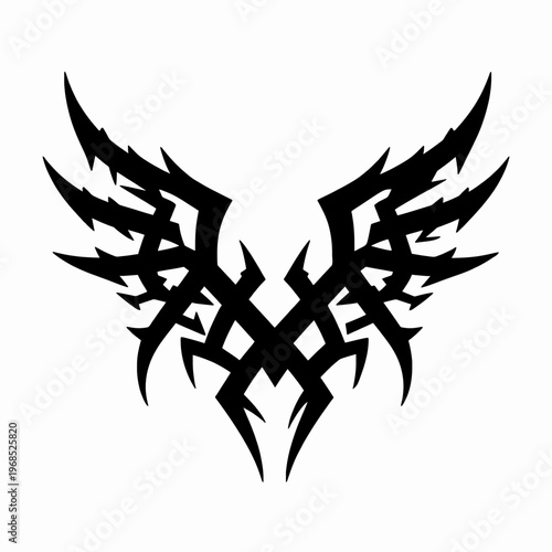 Aggressive Black Tribal Wing Tattoo Design in Cyber-Sigilism Style, Symmetrical Sharp Thorny Graphic Illustration Isolated on White Background for Alternative Fashion and Underground Culture Concepts