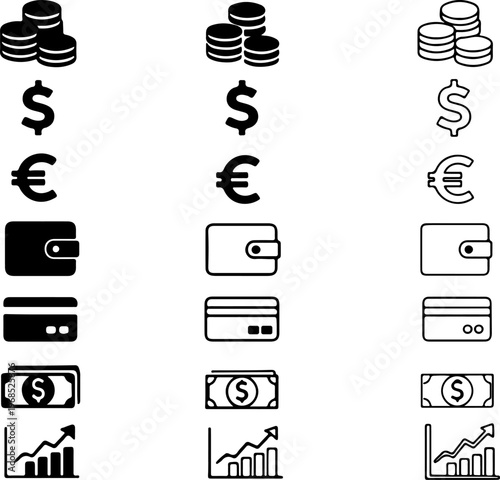 Financial Icons: Coins Wallets Credit Cards Cash Growth ChartClean Vector Graphics