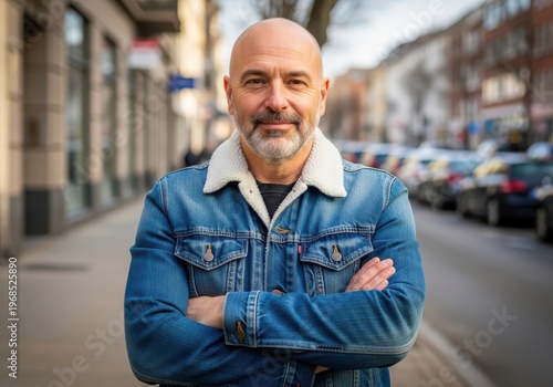 Confident middle-aged man with arms crossed on city street with the urban street, blurred, shows