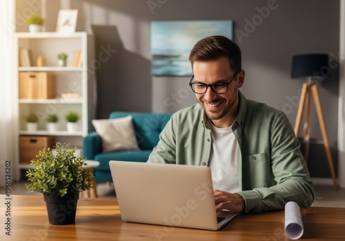 Smiling man working remotely on laptop in home office