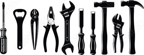Black silhouette hand tools, screwdriver bottle opener pliers cutters adjustable wrench chisels hammer pipe wrench claw hammer icons, construction repair maintenance vector set