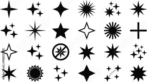 A set of various star and starburst silhouettes in a vector line art design concept for creative projects