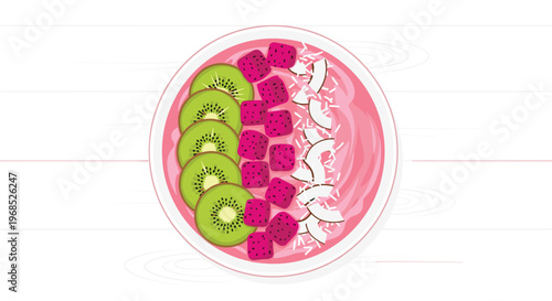A pink smoothie bowl is garnished with kiwi, dragon fruit, and coconut flakes on a light wooden table.