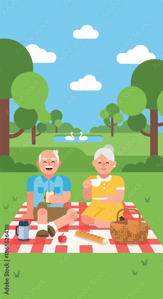 Fototapeta premium An elderly couple enjoy a sunny outdoor picnic in a lush green park landscape