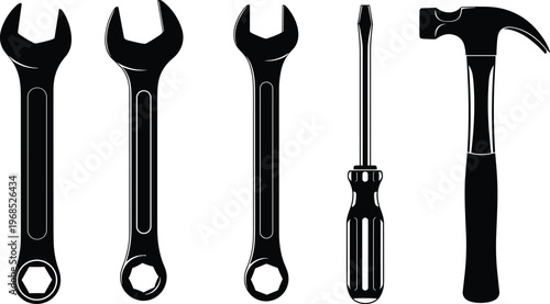 Black silhouette hand tools, wrench hammer saw screwdriver pliers roller chisel staple drill trowel icons, construction repair maintenance mechanic vector illustration set