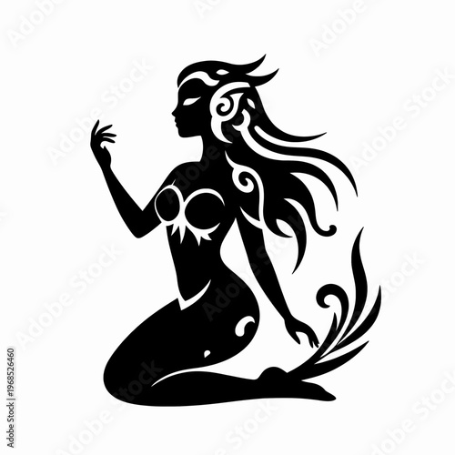 Elegant Black and White Tribal Vector Illustration of a Single Mythical Siren Woman Kneeling, Intricate Floral Flourish Patterns, Minimalist Fantasy Concept Art, Isolated on White.