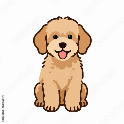 Friendly Goldendoodle puppy sitting and smiling, single ginger curly haired designer breed dog, flat vector illustration of a happy domestic pet isolated on white background, animal concept.