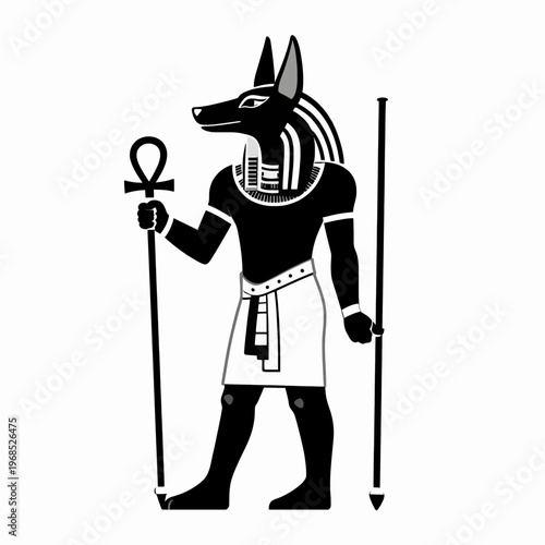 Ancient Egyptian Anubis God Vector Illustration, Flat Black and White Deity Graphic, Minimalist Mythology Icon of Jackal-Headed Spirit Holding Ankh and Scepter, Isolated Ancient History Design