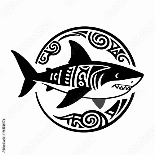 Single black flat vector illustration of a stylized shark with intricate Polynesian Maori tribal patterns, indigenous Pacific Islander art style, isolated on white background for cultural concept.