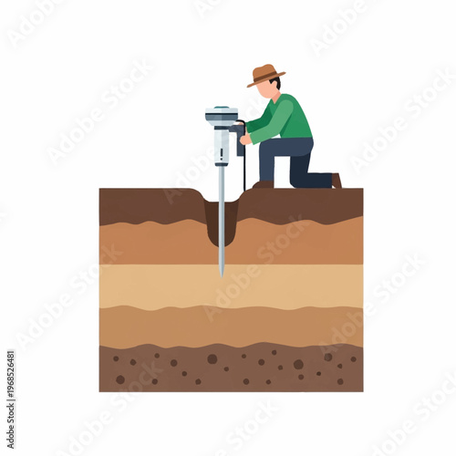 Geologist Inspecting Soil Layers With Drilling Equipment.