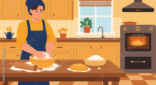 A person wearing an apron kneads dough in a kitchen with a baking bread oven