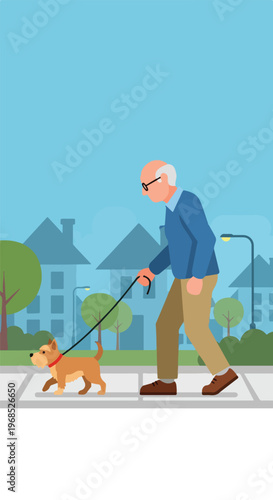 An elderly man walking his brown dog on a city sidewalk in a suburban setting