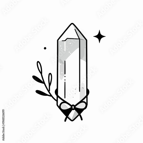 Minimalist flat vector illustration of a mystical quartz crystal point with botanical sprigs and stars, spiritual gemstone icon for wellness and magic concepts, isolated on white background
