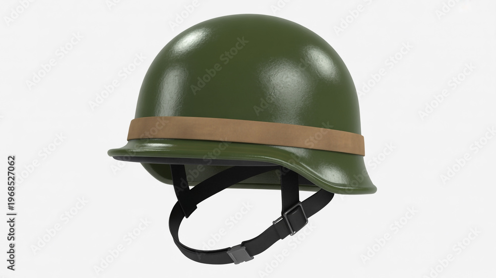 Fototapeta premium Classic olive green military helmet with tan chin strap and padding isolated on white background