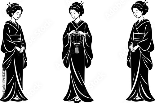 Elegant Japanese Geisha Women in Kimono Poses with Lantern Traditional Silhouette Art