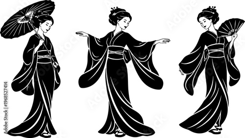 Japanese Women in Kimonos with Traditional Accessories Vector Silhouette Art