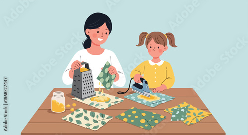 A mother and daughter make eco-friendly beeswax food wraps at a wooden table