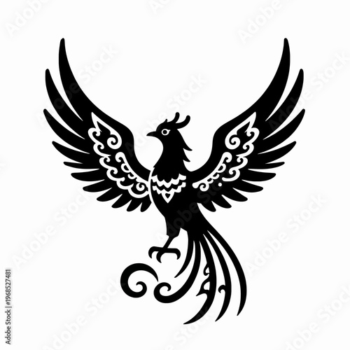 Intricate flat vector illustration of a single mythical phoenix bird with spread wings, minimalist black line art style, symbolic rebirth and power concept, isolated on white background