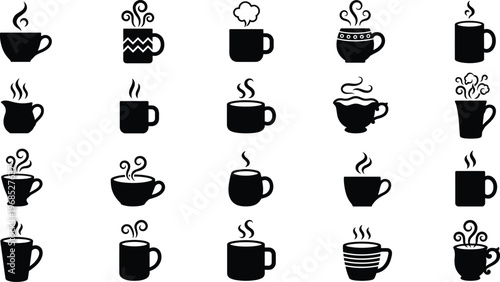 A set of black and white vector silhouette coffee cups and mugs in various designs and patterns for a design concept or line art bundle