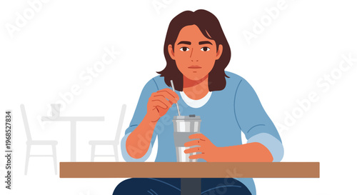 A person with dark hair sits at a table while drinking from a metal tumbler