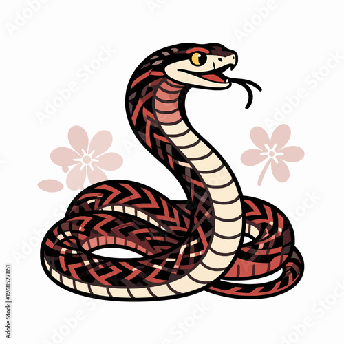 Flat vector illustration of a single coiled Japanese viper snake in traditional irezumi tattoo style with red and cream colors, isolated on white background for graphic design and streetwear.