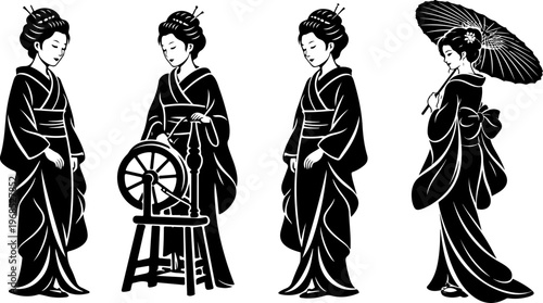 Four Japanese Women in Kimonos One with Spinning Wheel One with Umbrella Traditional Attire Stylized Illustration
