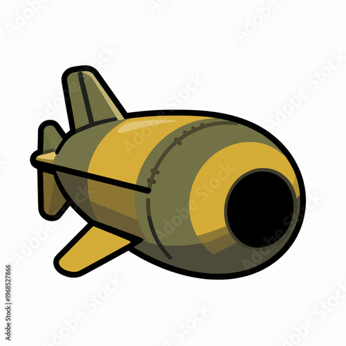 Flat vector illustration of a single vintage military aerial bomb with shark face nose art, stylized WWII aviation weaponry icon in green and yellow, isolated on white background for graphic design.