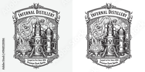 Infernal Distillery Premium Dark Spirits Logo, Hellish Steampunk Machinery with Demon Masks and Flames, Intricate Ornate Engraving