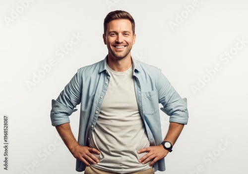 Happy young man with beard standing confidently with hands on hips