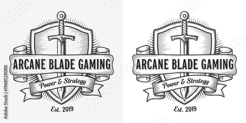 Arcane Blade Gaming Logo Design, Medieval Sword and Shield Emblem with Sunburst and Ribbon, Vintage Woodcut Style