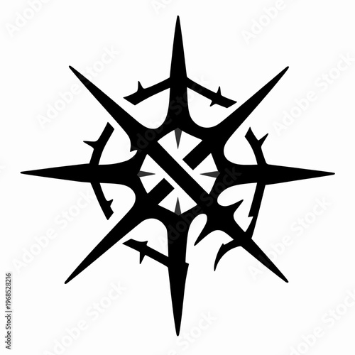Abstract black cybersigilism tattoo element, single flat vector neo-tribal graphic isolated on white background, modern y2k aesthetic digital ornament for minimalist underground subculture art.